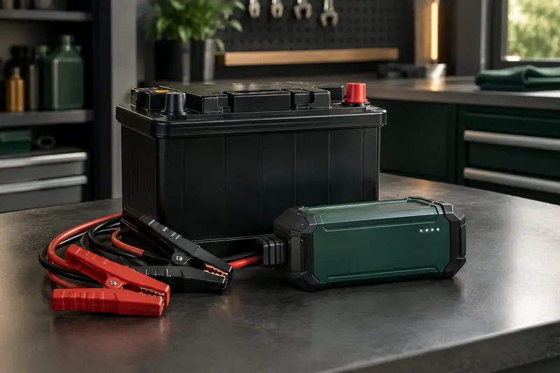 Booster de batterie auto et câbles présentés près d’une batterie