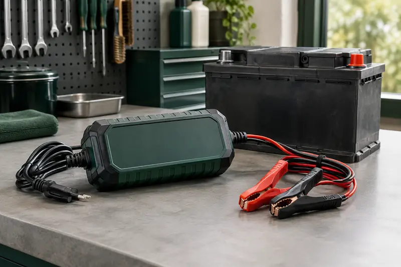 Chargeur de batterie auto et pinces posés près d’une batterie