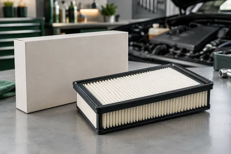 Filtre à air moteur neuf posé sur un établi d’entretien automobile