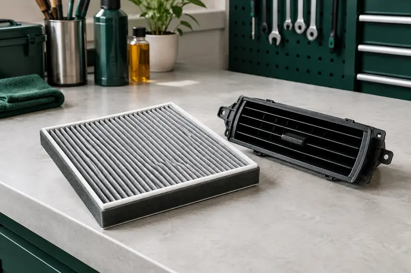 Filtre d’habitacle neuf posé près d’une grille de ventilation automobile