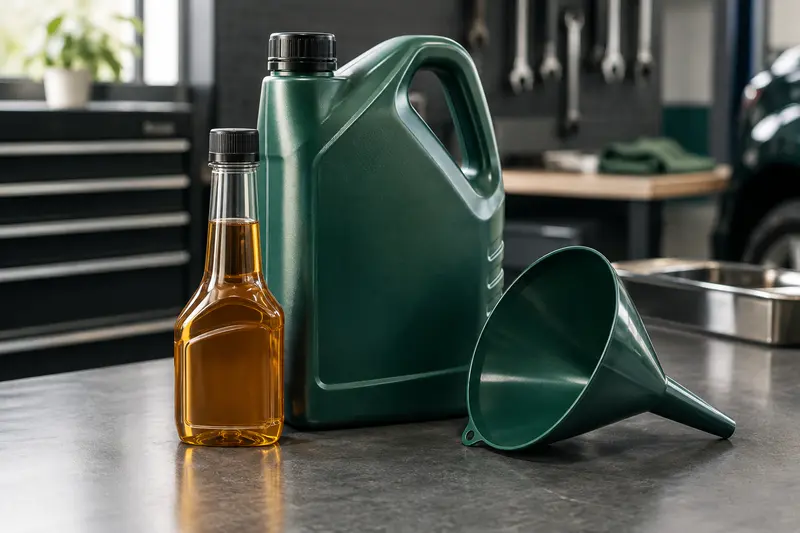 Flacon d’additif moteur présenté avec un bidon d’huile et un entonnoir