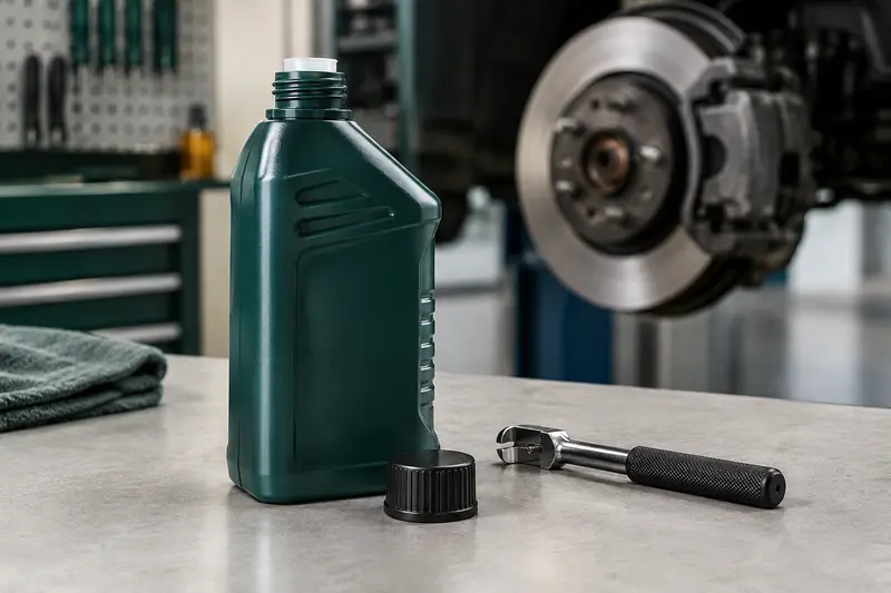 Flacon de liquide de frein présenté près d’un élément de frein automobile
