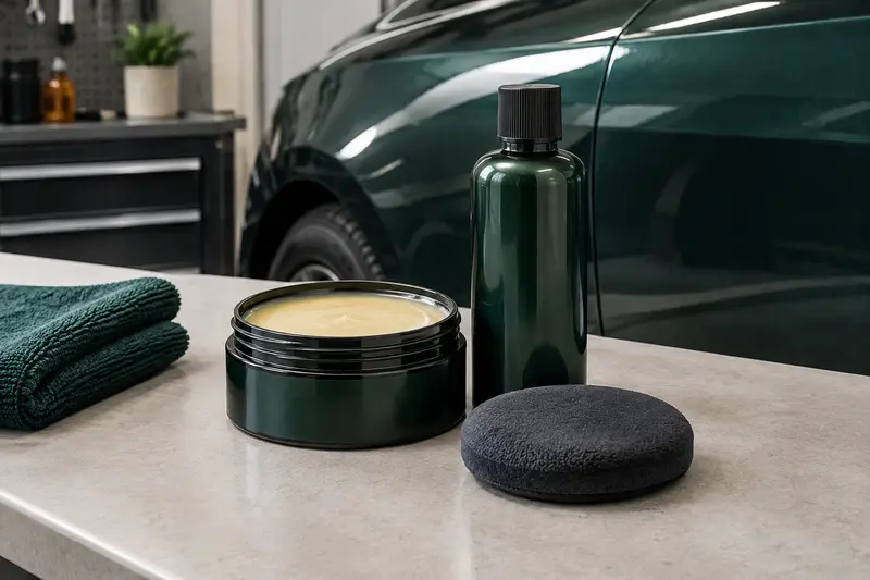 Cire auto, sealant et applicateur présentés devant une carrosserie