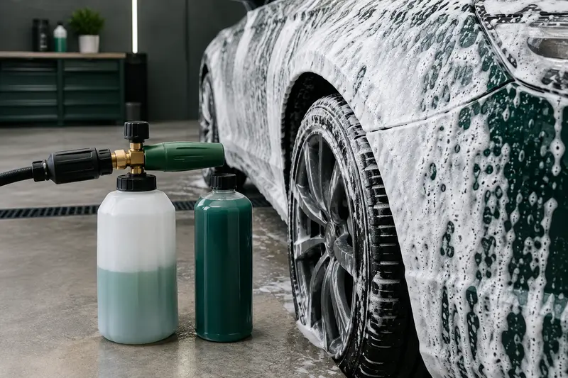 Canon à mousse appliquant un prélavage sur une aile de voiture