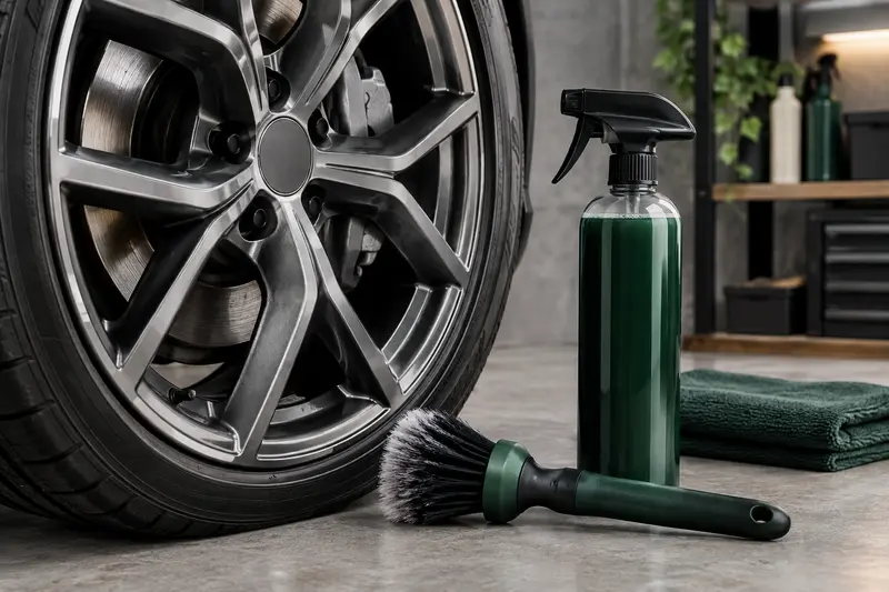 Flacon de nettoyant jantes et brosse devant une roue automobile