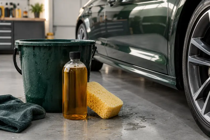 Flacon de shampoing auto et seau près d’une carrosserie propre