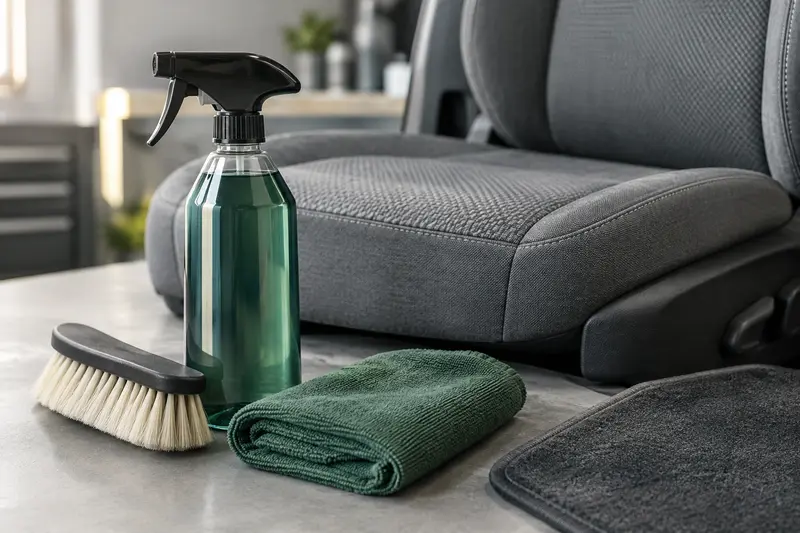 Nettoyant textile auto et brosse près d’un siège en tissu