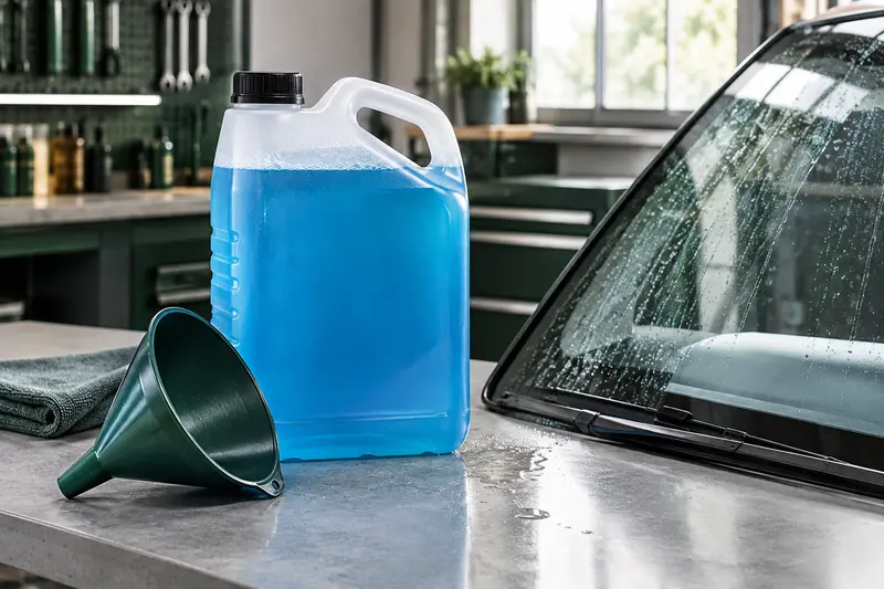 Bidon de liquide lave-glace et entonnoir près d’un pare-brise