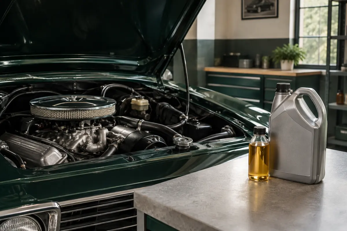 Flacon neutre d’additif posé près d’un moteur ancien et d’un bidon d’huile sans marque.