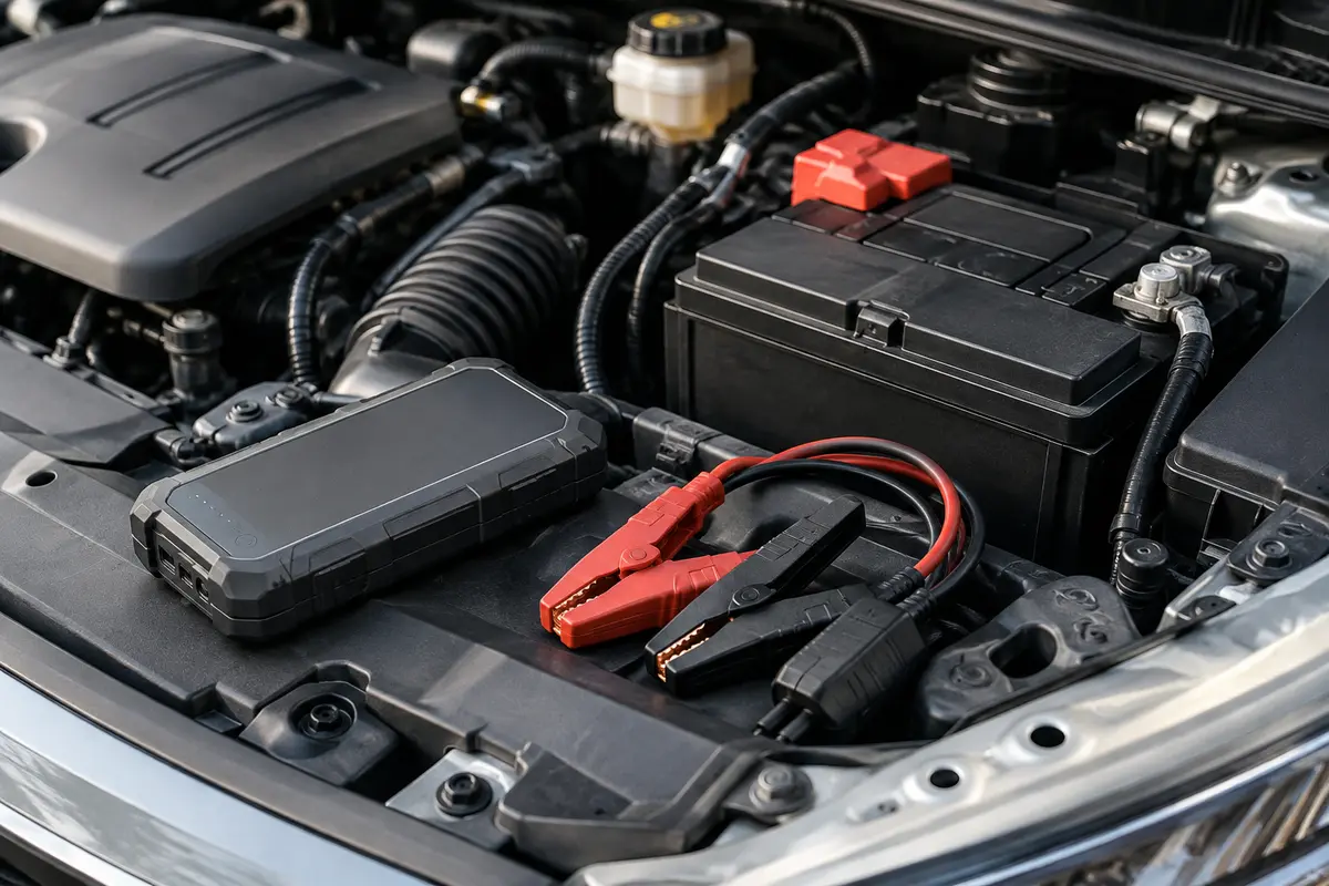 Booster de batterie portable posé près d’une batterie automobile, pinces non raccordées