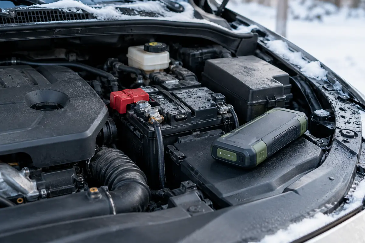 Booster portable posé près d’une batterie 12 V dans le compartiment moteur d’une voiture diesel en hiver.