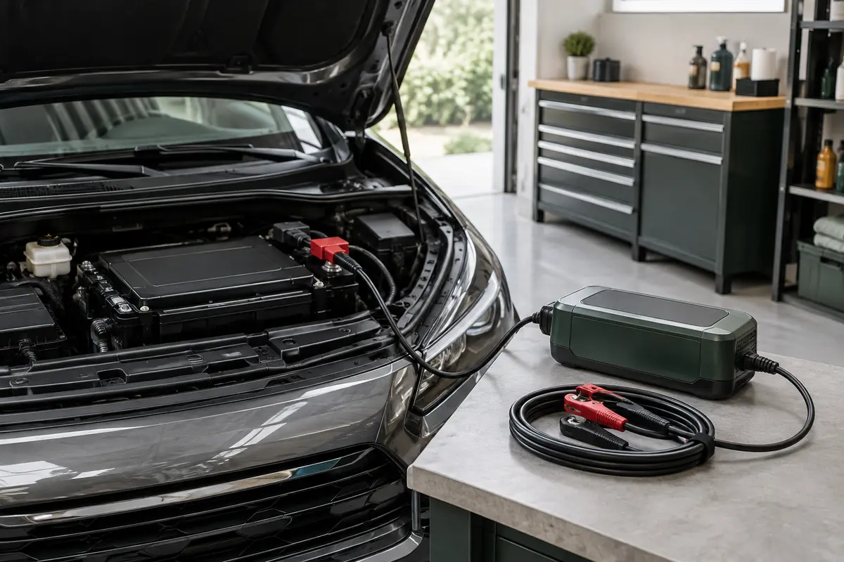 Chargeur automobile raccordé à la batterie d’une voiture stationnée dans un garage ventilé