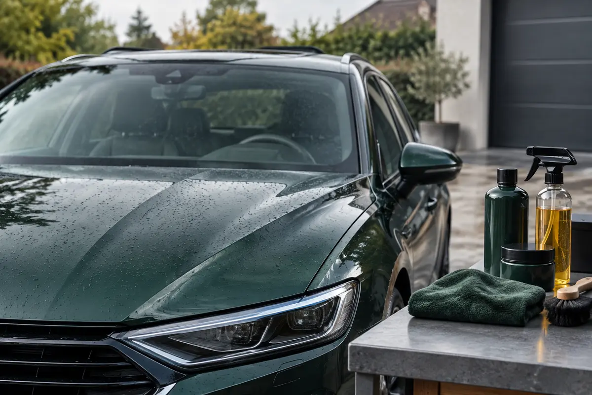 Voiture propre stationnée dehors, avec des gouttes d’eau visibles sur la carrosserie après le lavage.