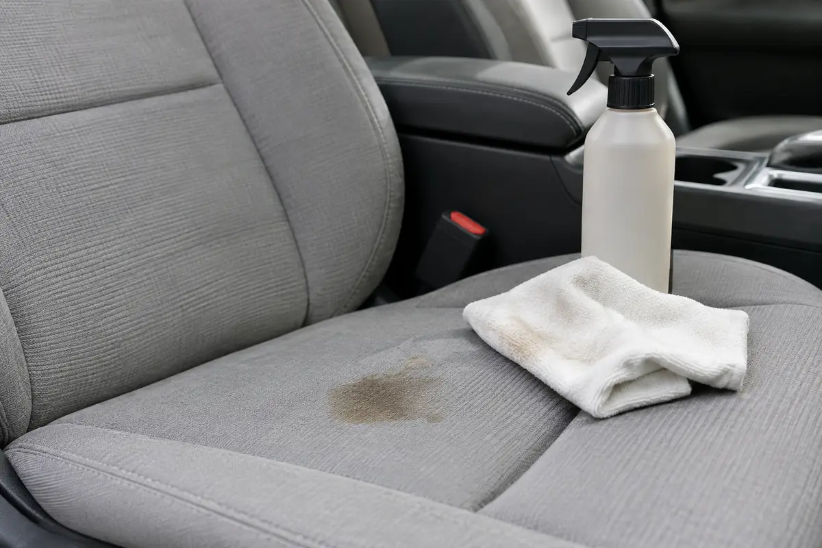 Siège auto en tissu avec une tache de café localisée et un chiffon propre prêt à l’absorber