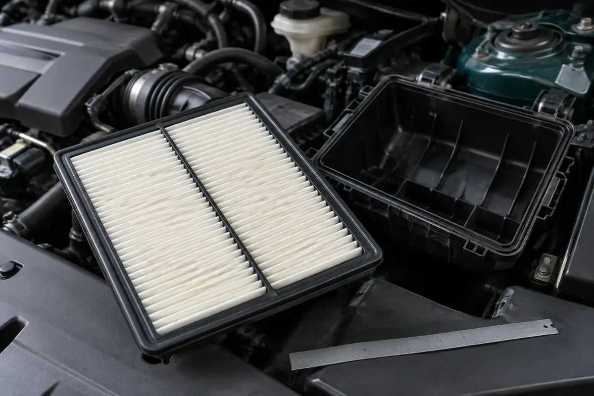 Filtre à air moteur et boîtier ouvert, avec le joint et la forme de la pièce visibles
