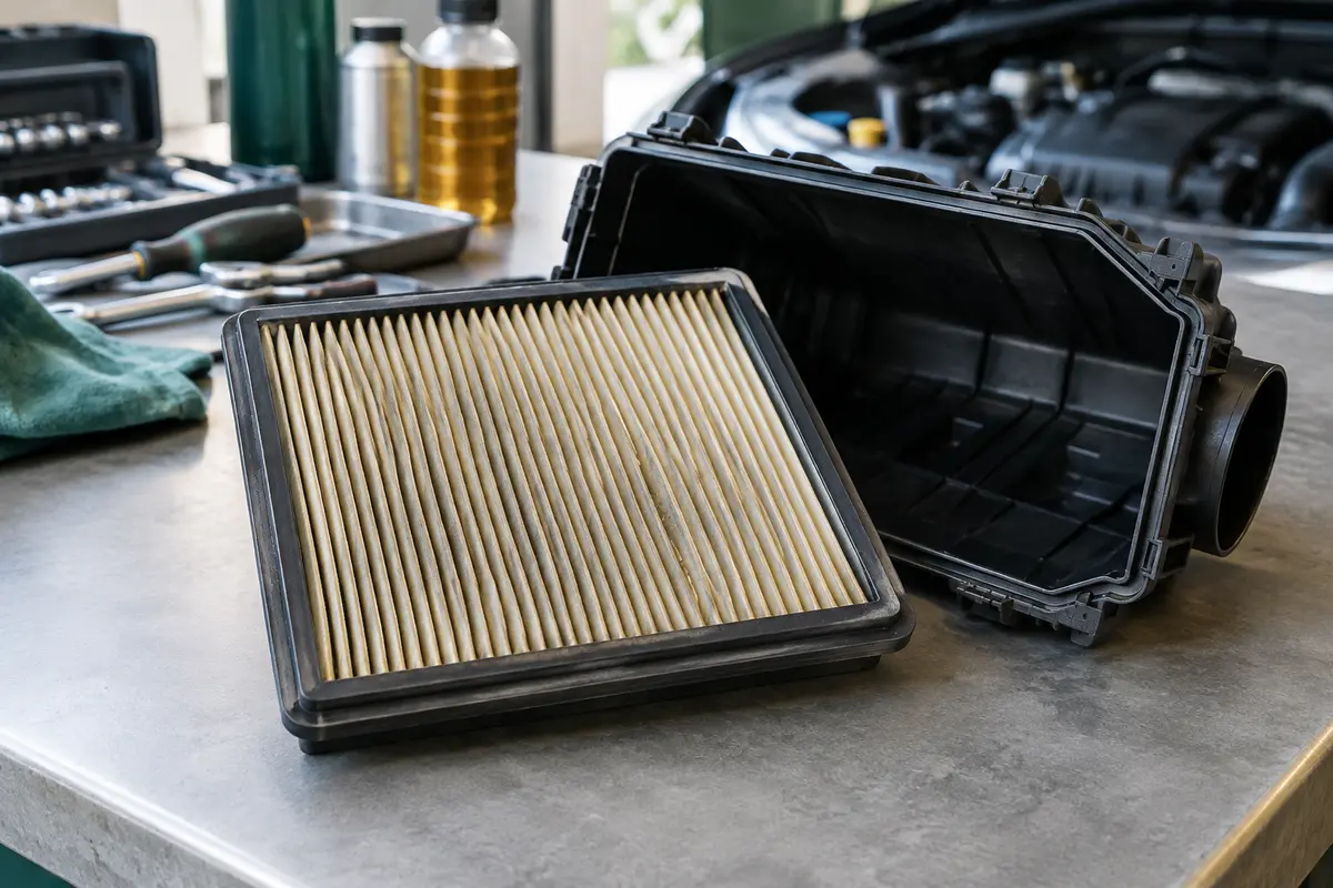 Filtre à air moteur sorti de son boîtier et inspecté sur un établi de garage