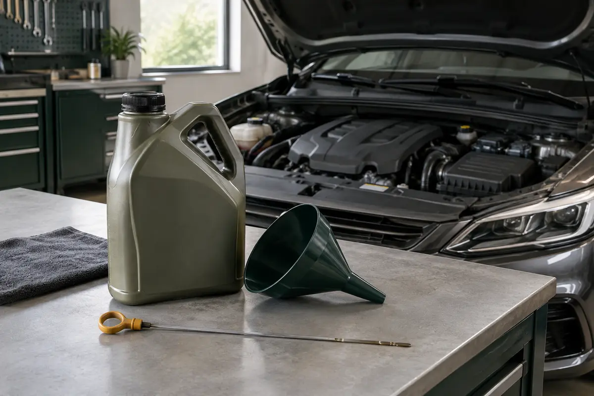 Bidon d’huile moteur et entonnoir près du moteur d’une voiture, pour illustrer un appoint compatible.
