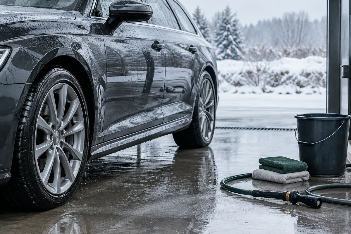 Voiture rincée en hiver, avec le bas de caisse et une roue propres après retrait des dépôts routiers.