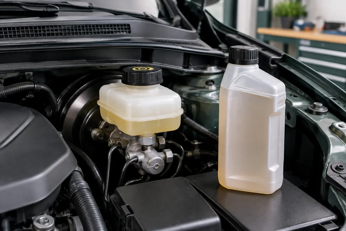 Réservoir de frein dans un compartiment moteur, à côté d’un flacon neutre de liquide de frein.
