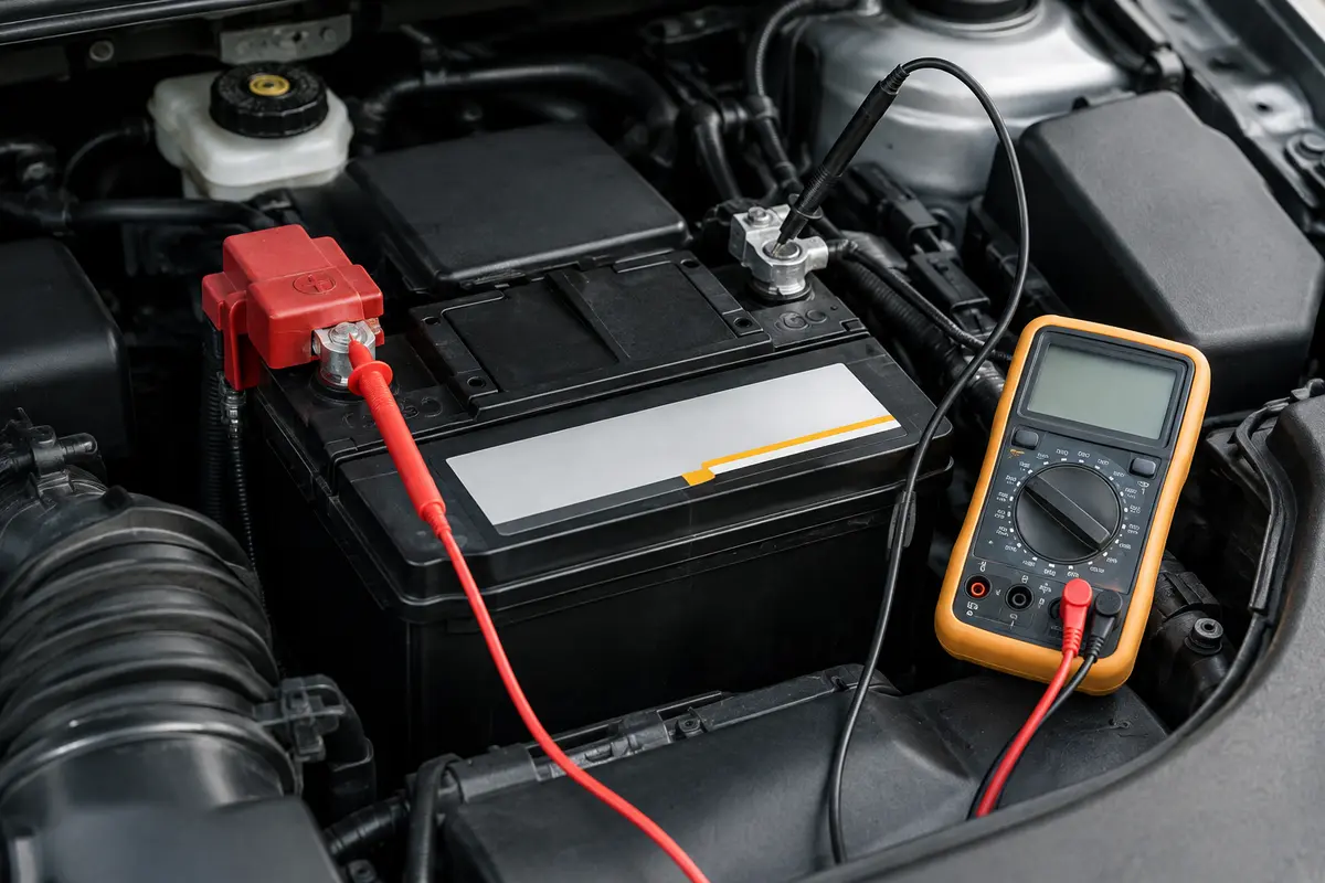 Multimètre mesurant la tension aux bornes d’une batterie automobile dans le compartiment moteur