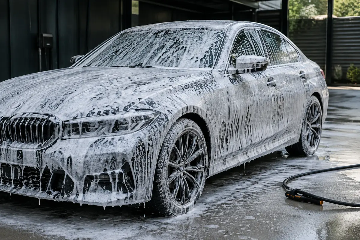 Voiture recouverte d’une mousse de prélavage humide, prête à être rincée à l’ombre