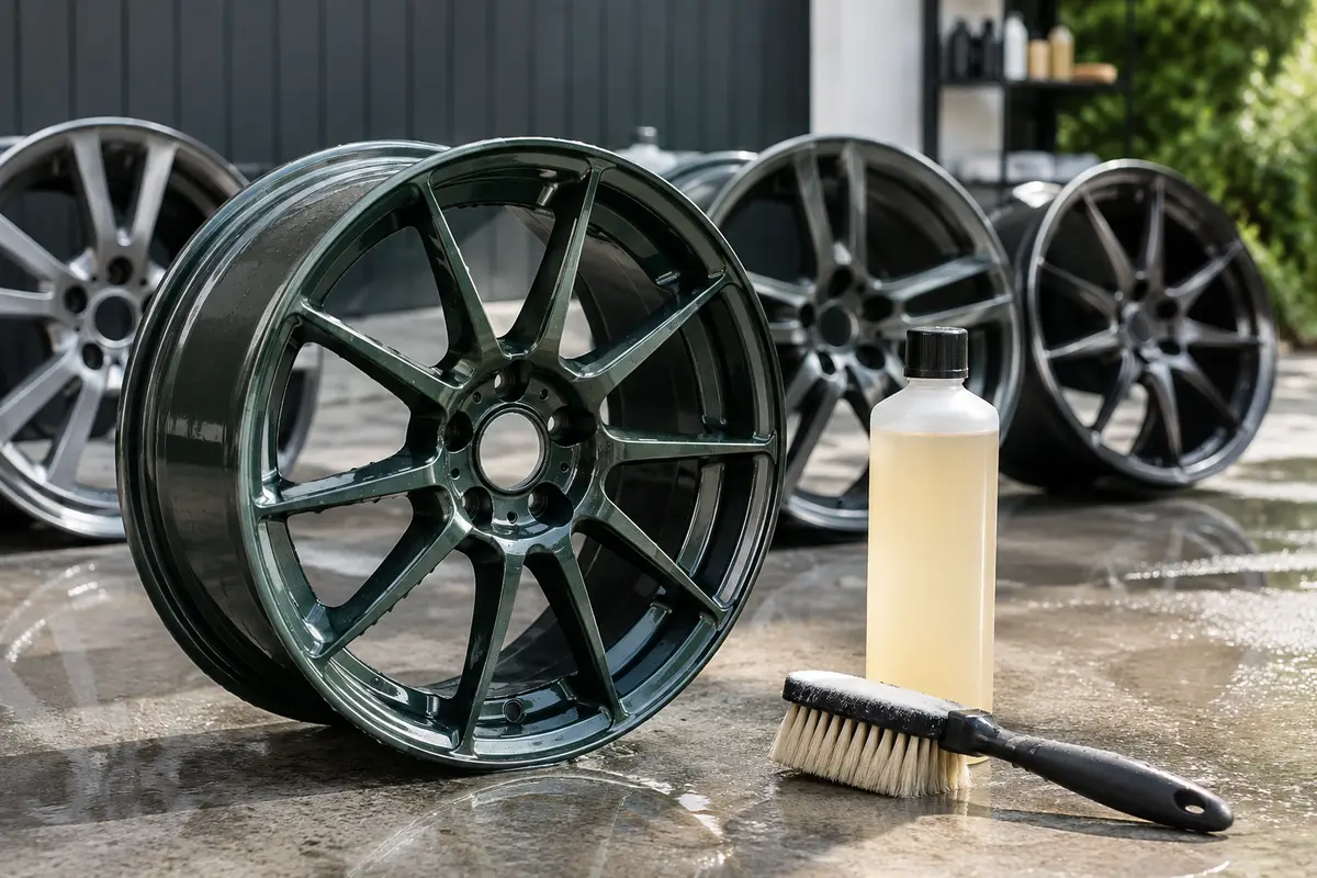 Jante en aluminium peinte et vernie avec une brosse douce et un nettoyant pour jantes à proximité