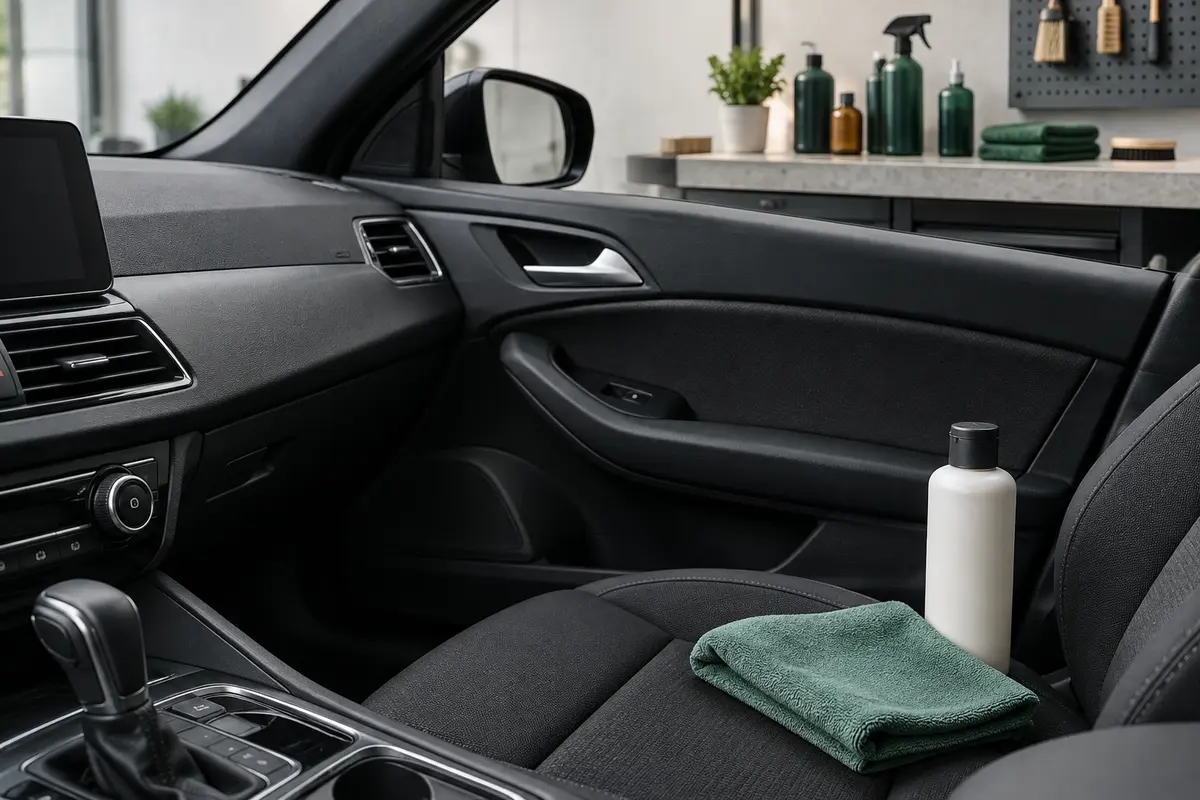 Tableau de bord mat dans un habitacle de voiture, avec une microfibre propre et un flacon neutre