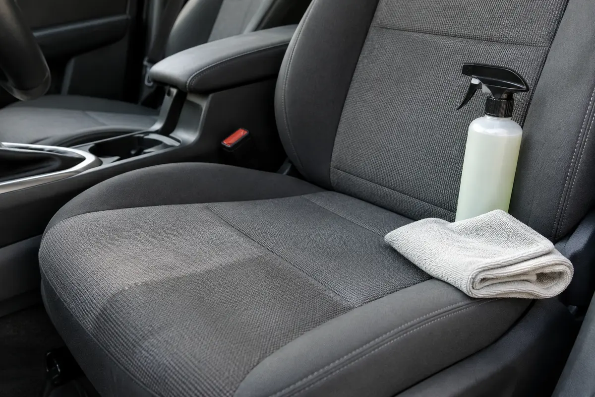 Siège de voiture en tissu avec un chiffon microfibre et un nettoyant textile posés à proximité