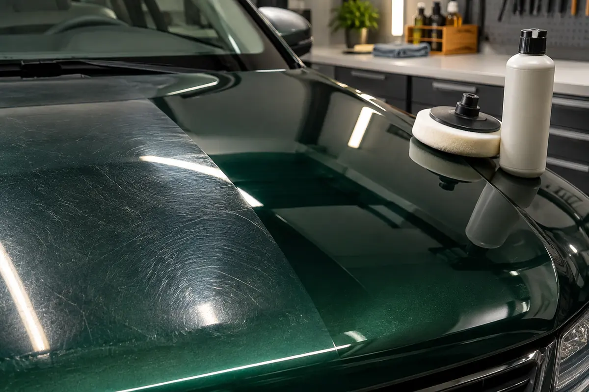 Capot automobile montrant de fines micro-rayures et une zone polie sous une lumière rasante