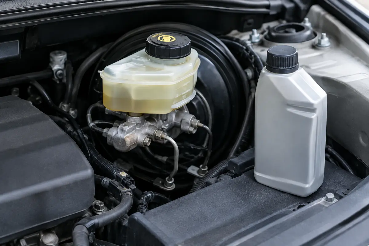 Réservoir de liquide de frein dans un compartiment moteur, à contrôler selon le carnet d’entretien.