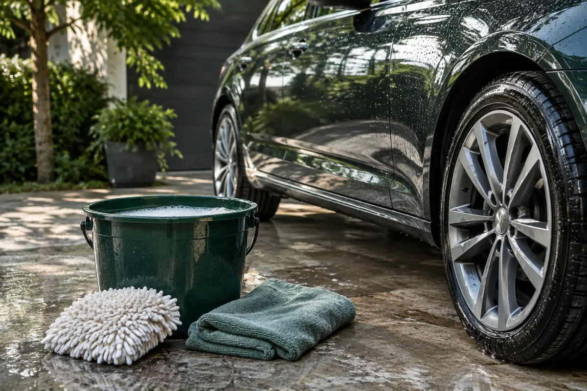 Gant de lavage, seau de shampoing auto et serviette microfibre près d’une carrosserie rincée