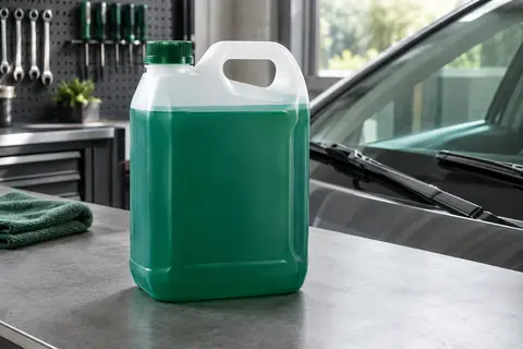 Bidon de lave-glace parfum pomme de 5 litres posé sur un établi d’atelier automobile.