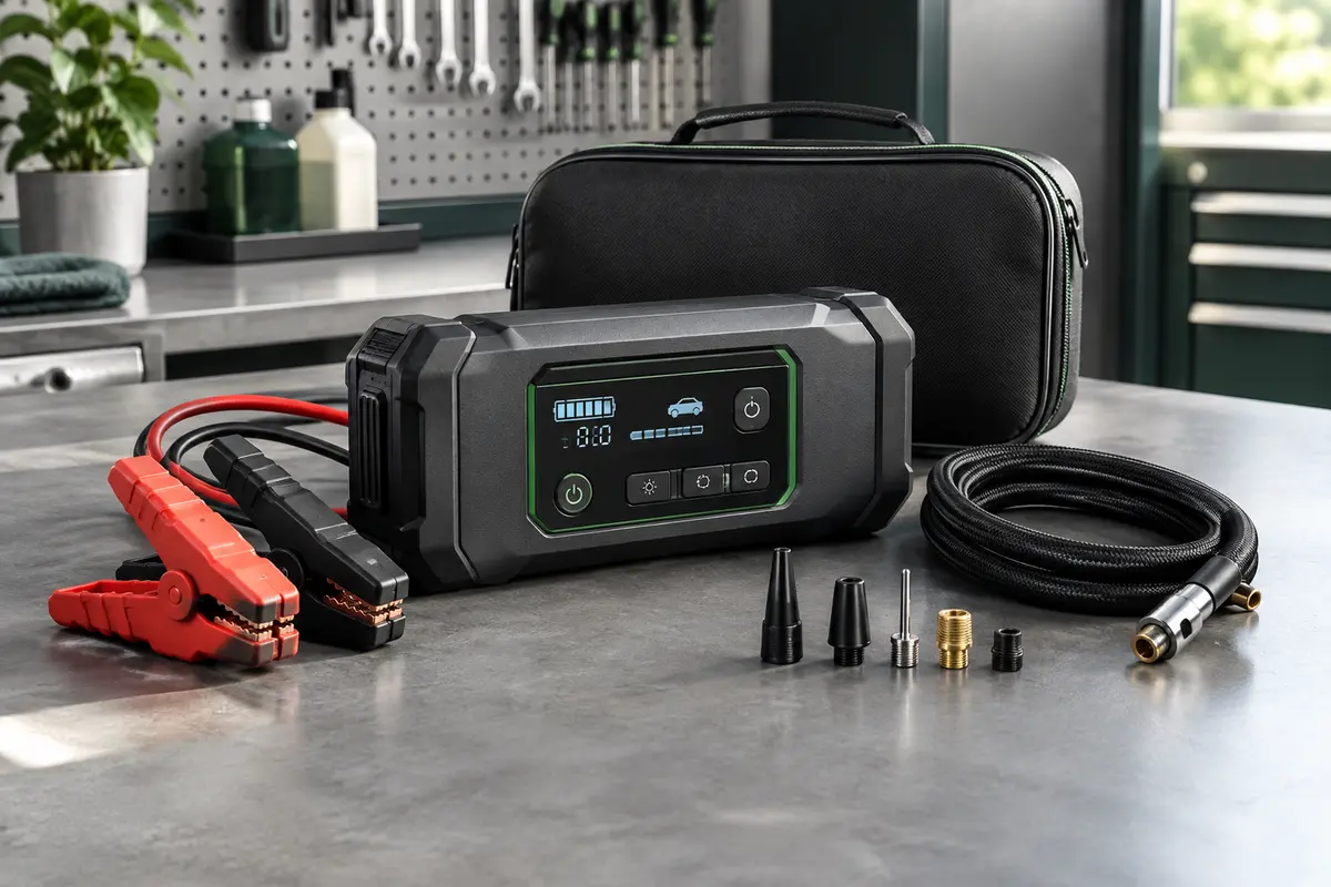 Booster de batterie noir avec écran numérique, pinces de démarrage et tuyau de gonflage sur un établi.