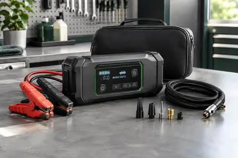 Booster de batterie noir avec écran numérique, pinces de démarrage et tuyau de gonflage sur un établi.