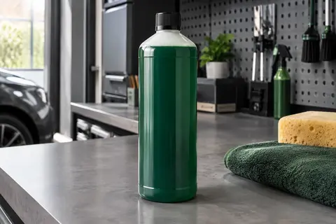 Flacon de shampooing auto moussant posé sur un établi gris dans un atelier propre et organisé.