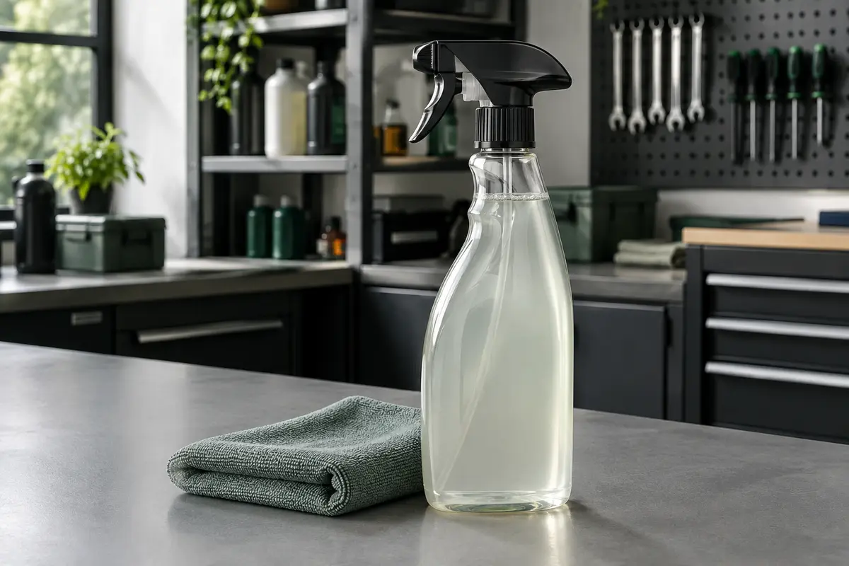 Flacon de nettoyant pour plastiques intérieurs de voiture avec chiffon microfibre sur un établi