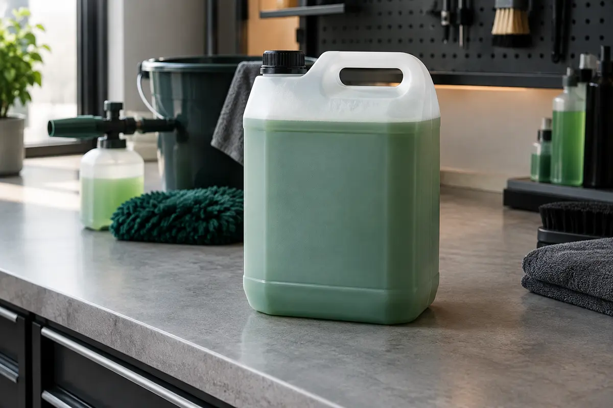 Bidon de 5 litres de mousse de prélavage automobile posé sur un établi gris dans un atelier propre.