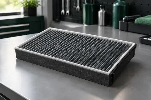 Filtre d’habitacle Blue Print à insert au charbon actif posé sur un établi gris