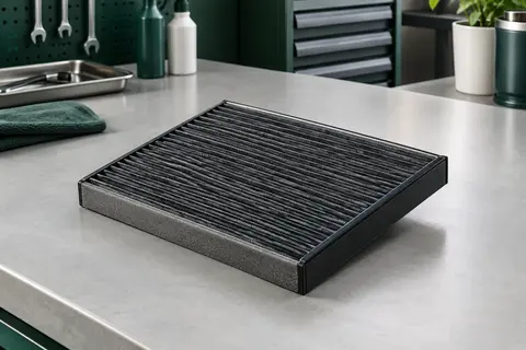 Filtre d’habitacle Bosch A8583 à charbon actif posé sur un établi dans un atelier automobile propre