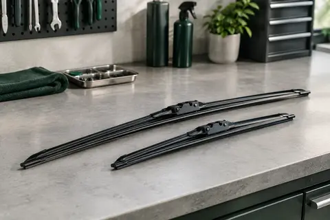 Deux balais d’essuie-glace avant noirs Bosch Aerotwin de longueurs différentes posés sur un établi gris