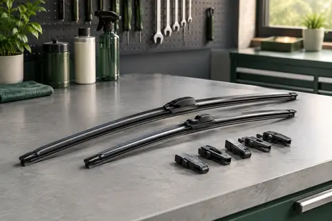 Deux balais d’essuie-glace avant Bosch Aerotwin de longueurs différentes posés sur un établi gris.