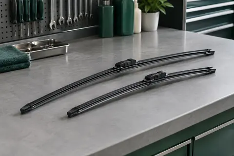 Paire noire de balais d’essuie-glace Bosch Aerotwin de longueurs différentes posée sur un établi gris