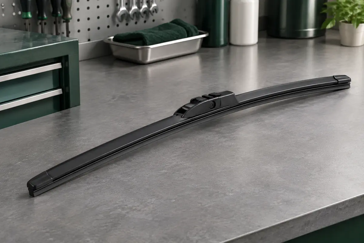 Balai d’essuie-glace arrière Bosch noir de 330 mm posé sur un établi gris dans un atelier automobile.