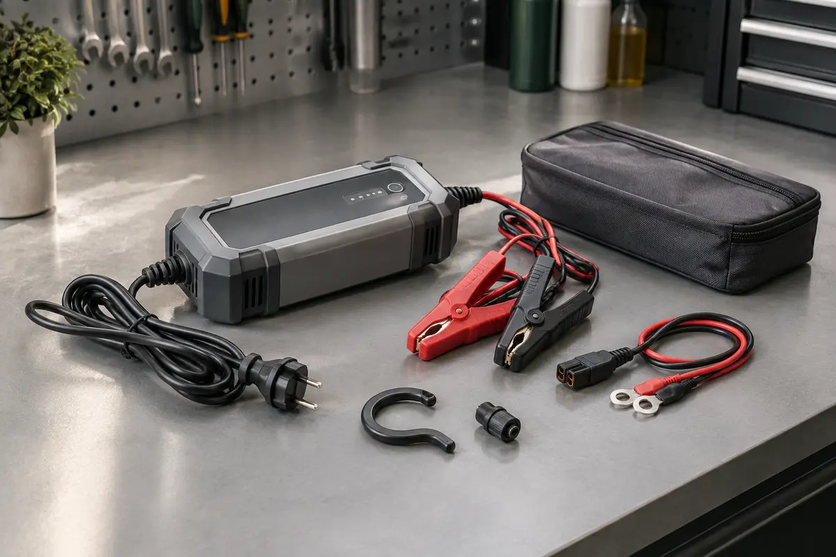 Chargeur de batterie Bosch C30 gris avec câbles, pinces amovibles, œillets et housse sur un établi