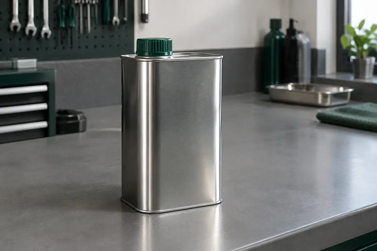 Bidon métallique fermé de liquide de frein posé sur un établi gris dans un atelier propre.