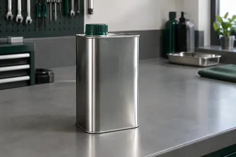 Bidon métallique fermé de liquide de frein posé sur un établi gris dans un atelier propre.