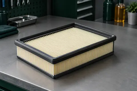 Filtre à air moteur rectangulaire à plis posé sur un établi gris dans un atelier propre