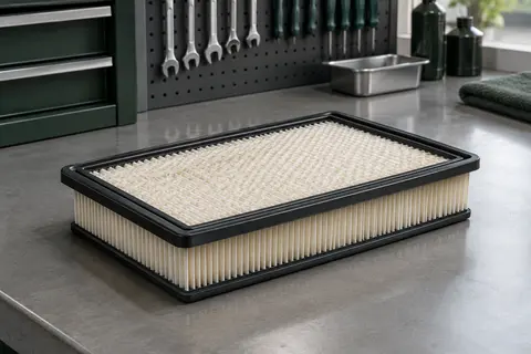 Filtre à air moteur Bosch S0374 à média plissé, posé sur un établi d’atelier propre.