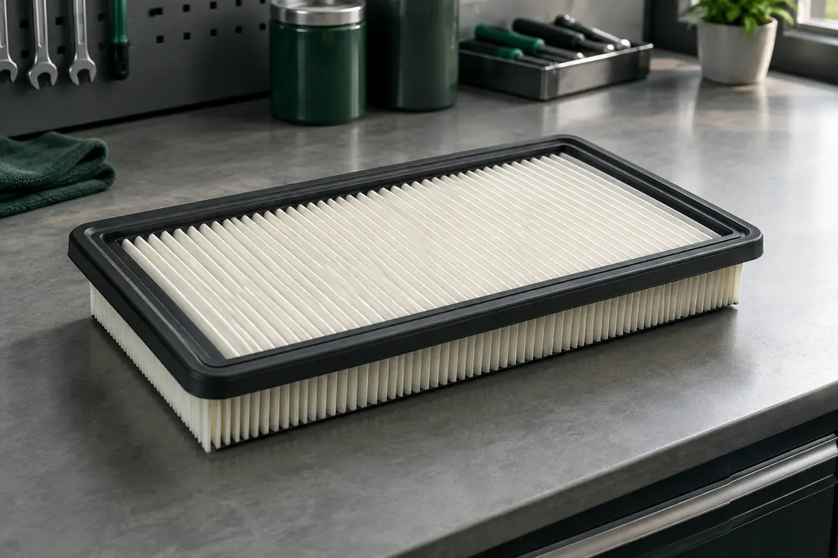 Filtre à air moteur rectangulaire à média plissé posé sur un établi gris dans un atelier propre