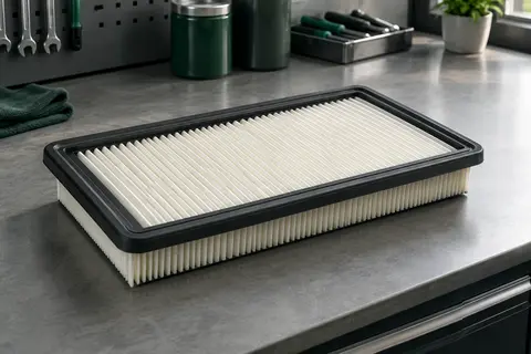 Filtre à air moteur rectangulaire à média plissé posé sur un établi gris dans un atelier propre